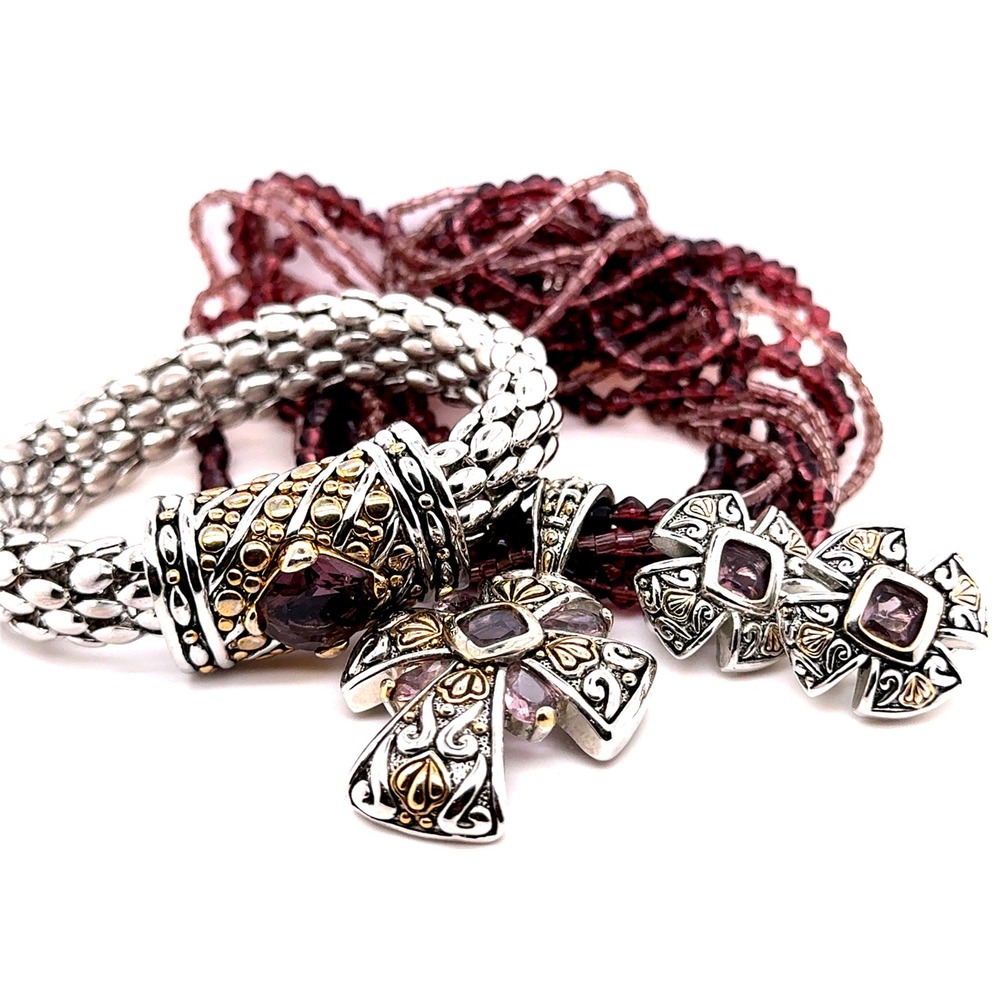 Vintage Style Silver Gold Tone Purple Stone Cross Necklace Bracelet Earring Set